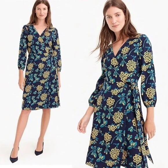 J Crew Floral Wrap Dress 0 V Neck 3/4 Sleeve Style K0109 Navy Blue Yellow Career - Picture 1 of 11